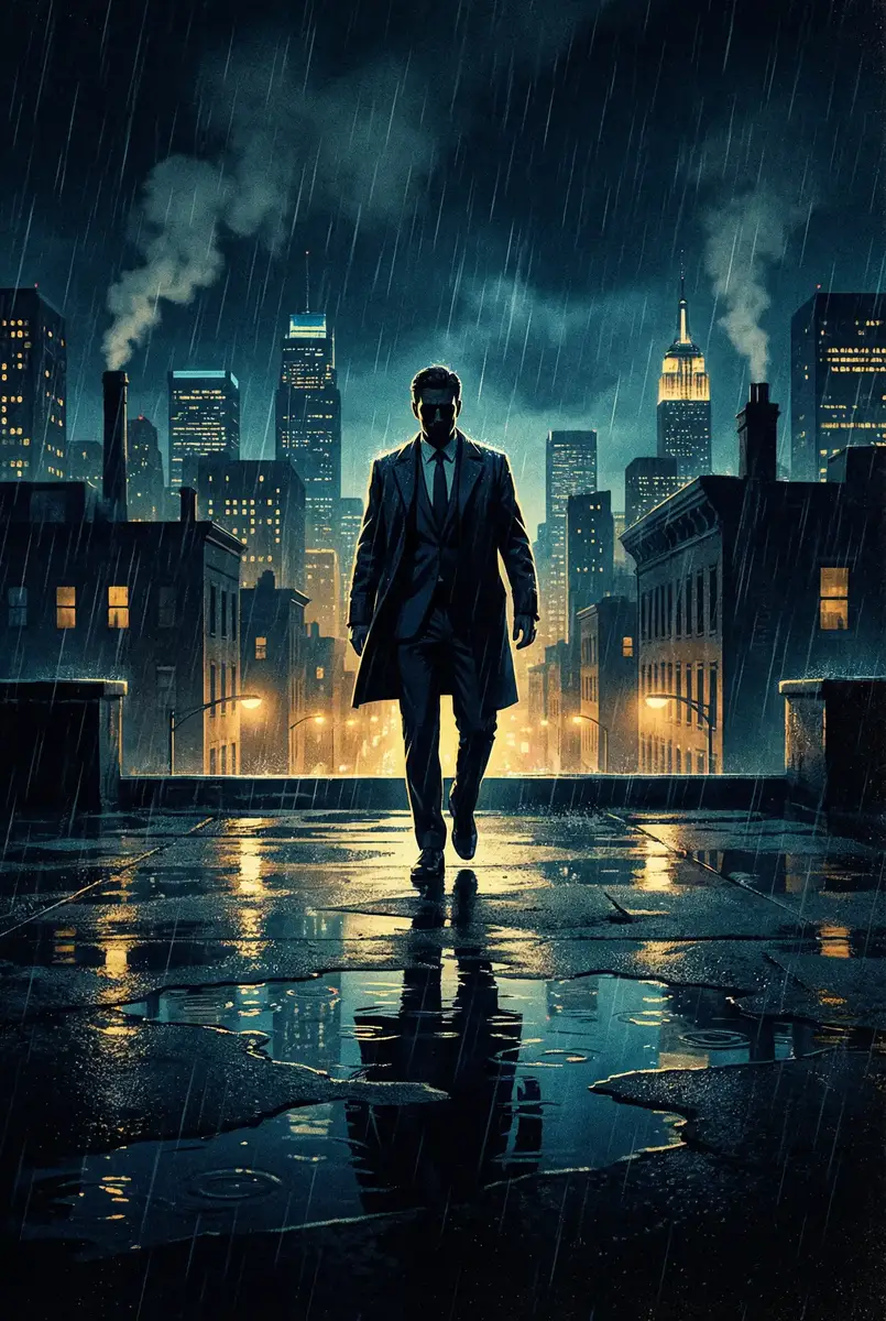 福利姬 出品影片《雨夜独行者》海报，雨中城市屋顶男性剪影